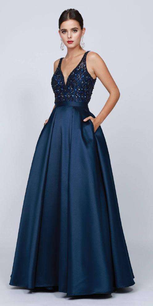 Glitter & Satin Gown V-Neck - Navy xs