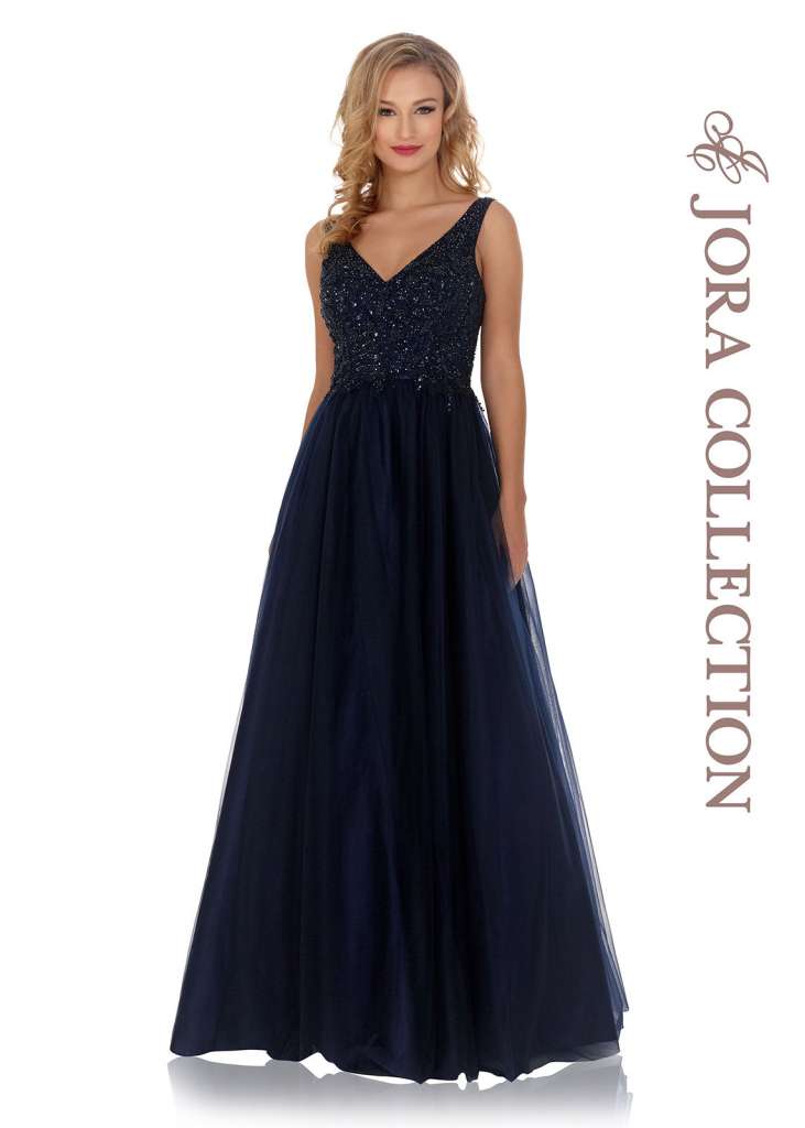 Beaded V-Neck Tulle Gown - Navy S/36
