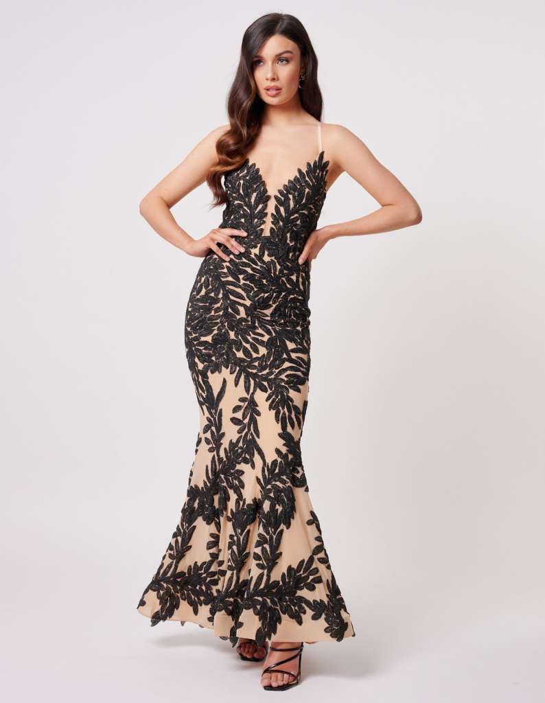Sansa Black Lace Nude Dress - Nude/Black 38