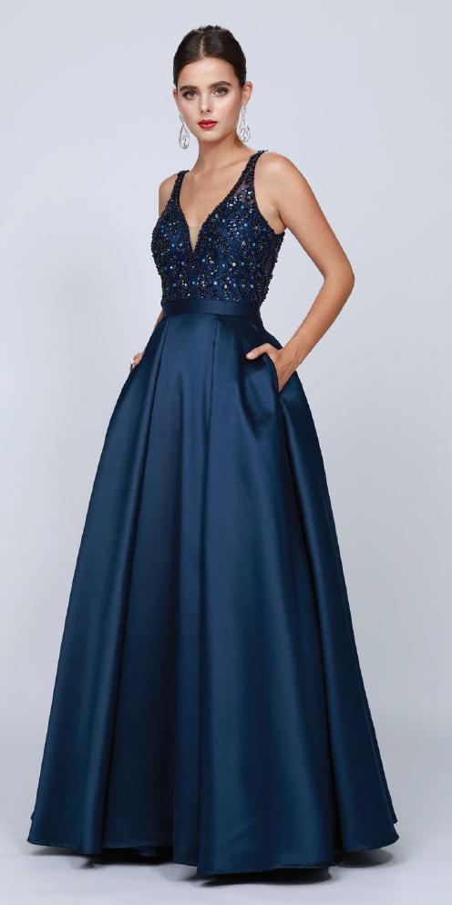 Glitter & Satin Gown V-Neck - Navy xs