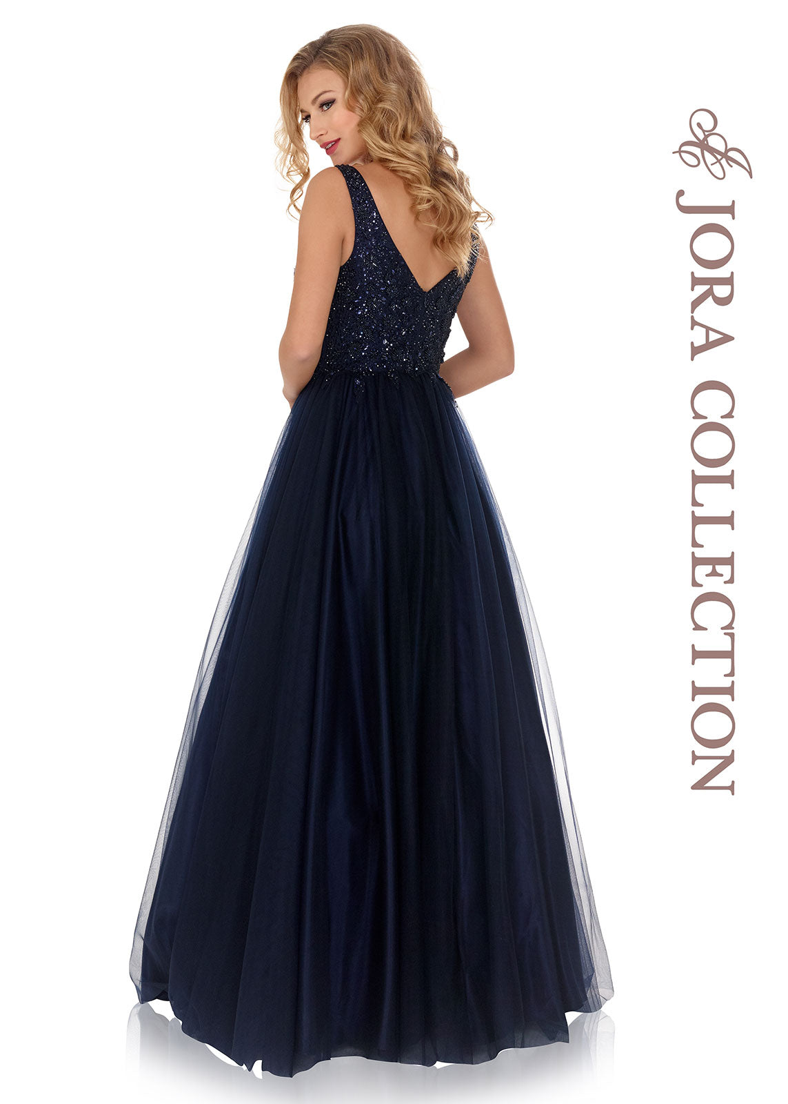 Beaded V-Neck Tulle Gown - Navy S/36