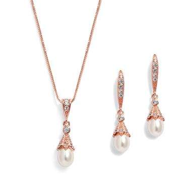 Smykkesett "Freshwater Pearl Drop" - Rose Gold