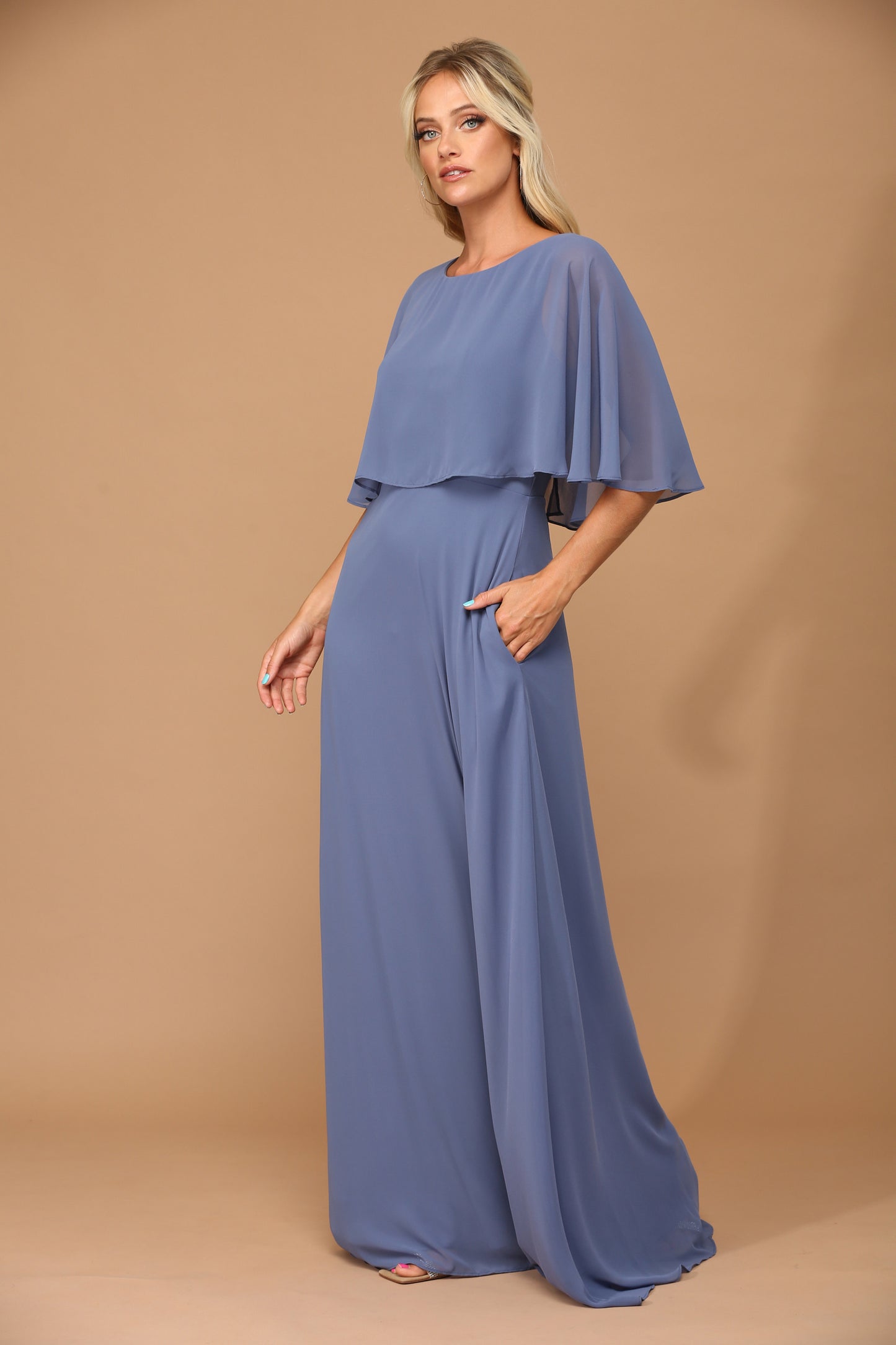 Selskapskjole "Chiffon Cape Overlay" Slate Blue