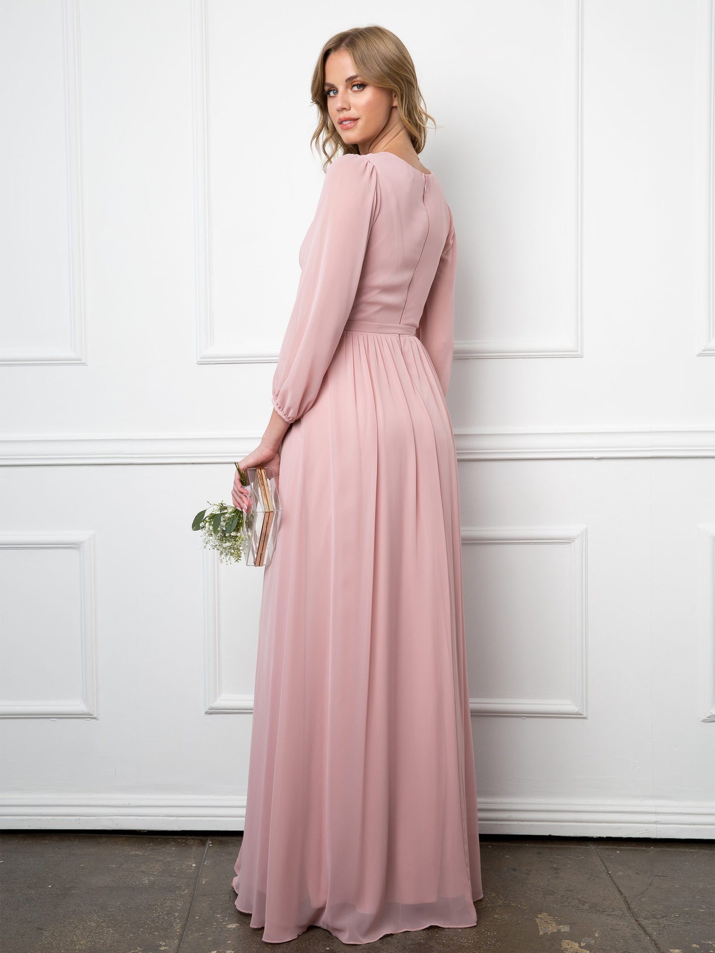 Selskapskjole 3/4 Chiffon Sleeve Dusty Rose