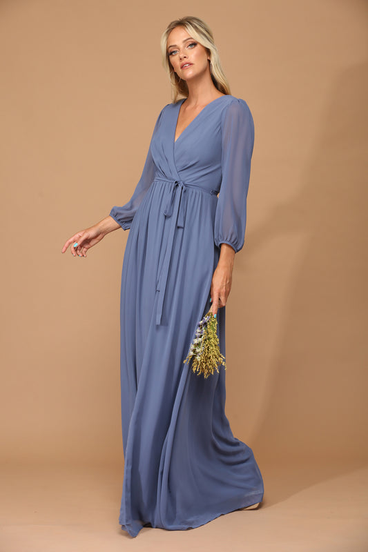 Selskapskjole 3/4 Chiffon Sleeve Slate Blue