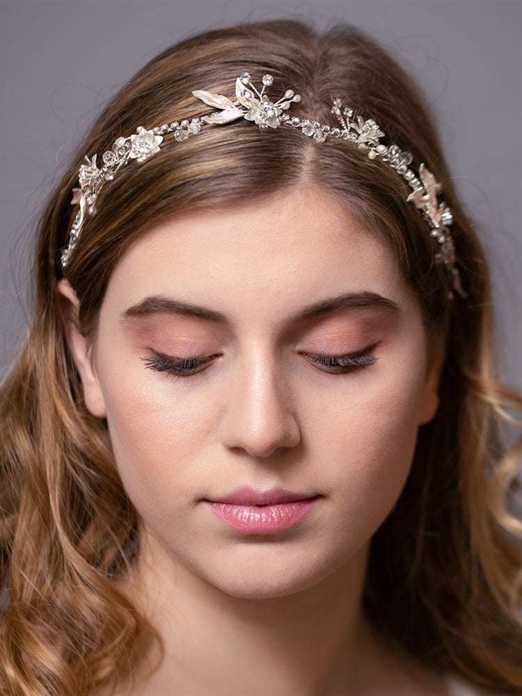 Ribbon Headband w/blush leaves & pearls - silver