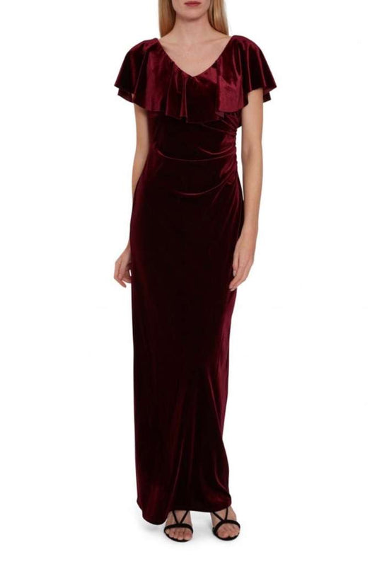 Elexina Velvet Maxi Dress w/ neck frill - Wine 42