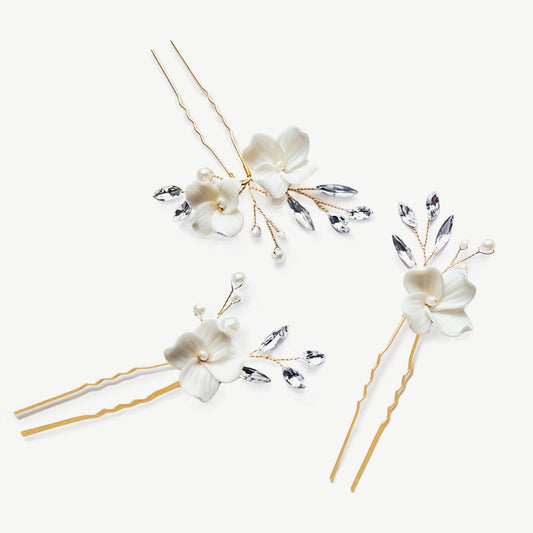Hårpin "Floret Crystal Pearl Flower Gold"