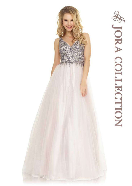 Beaded V-Neck Tulle Gown - Charcoal Grey S/36