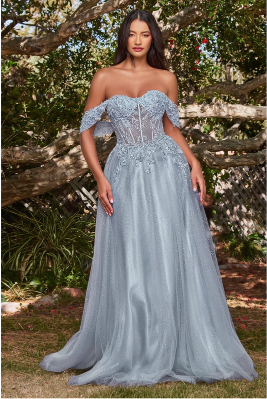 Ballkjole Off Shoulder Sparkle Smokey Blue