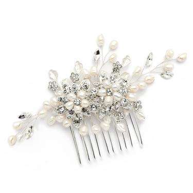 Freshwater Pearl Comb W. Crystal Leaves - Silver