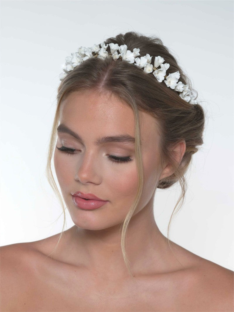 Tiara med porsjelen blomter - Ivory/Gold