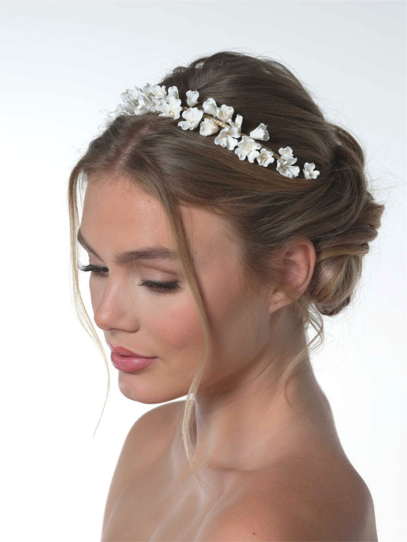 Tiara med porsjelen blomter - Ivory/Gold