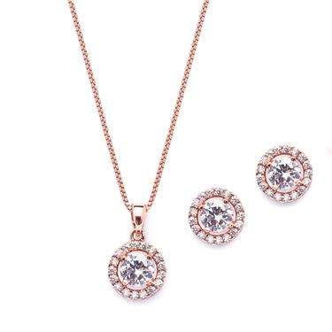 Round Halo Studs & Necklace Set - Rosegold