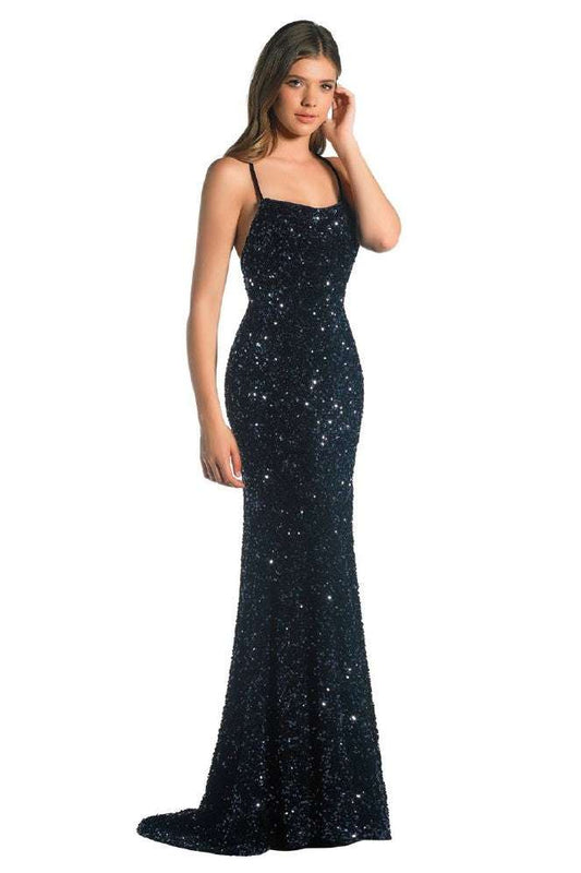 Sequin Velvet Evening Dress - Navy 6