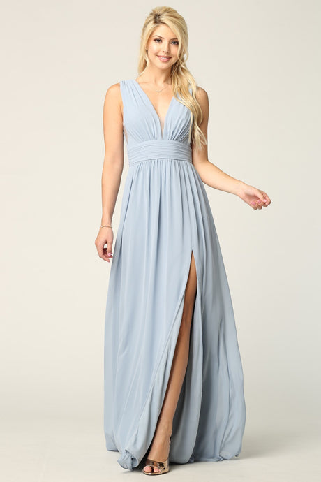 Grecian V-Neck Chiffon Dress - Dusty Blue
