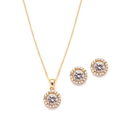 Round Halo Studs & Necklace Set - Gold