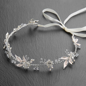 Ribbon Headband w/blush leaves & pearls - silver