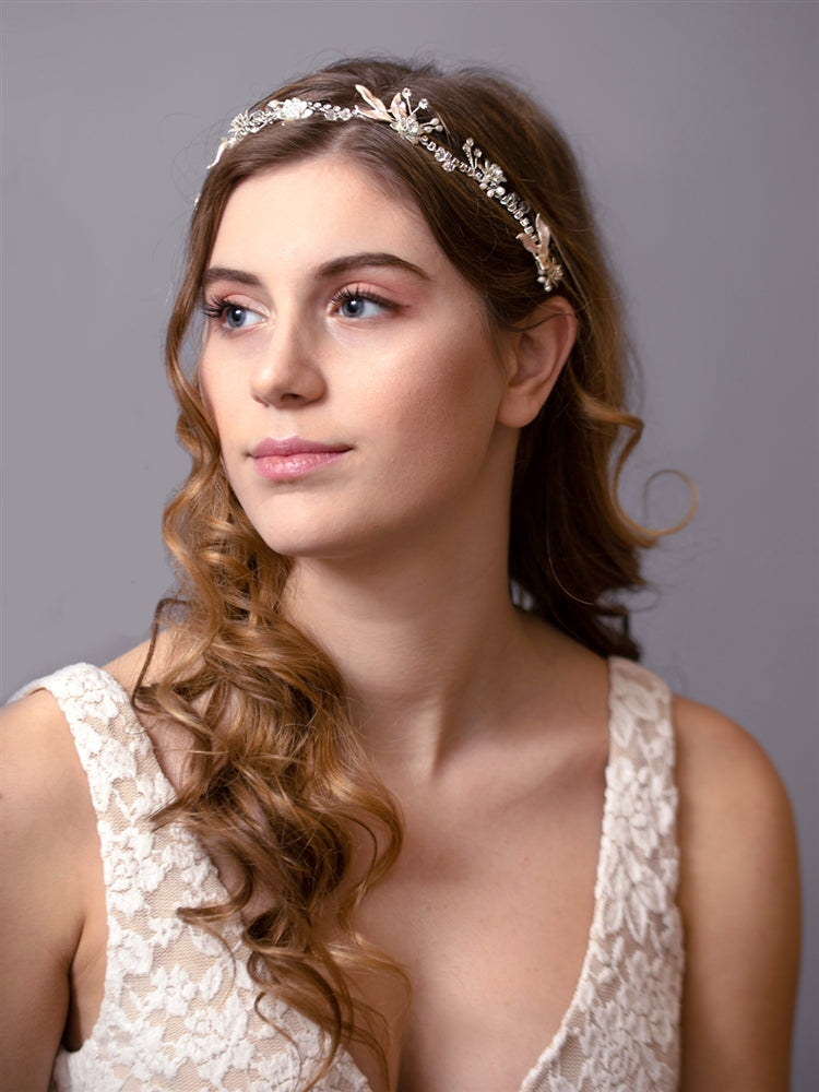 Ribbon Headband w/blush leaves & pearls - silver