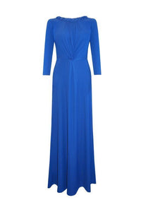 Selskapskjole med lange ermer i kongeblått. Kjolen har deilig, stretchy materiale og en flatterende knute på magen. Henger fint på kroppen.