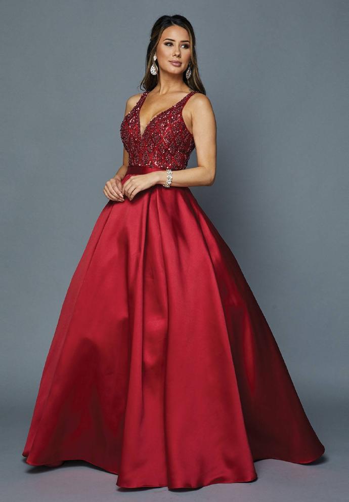 Glitter & Satin Gown V-Neck - Burgundy L