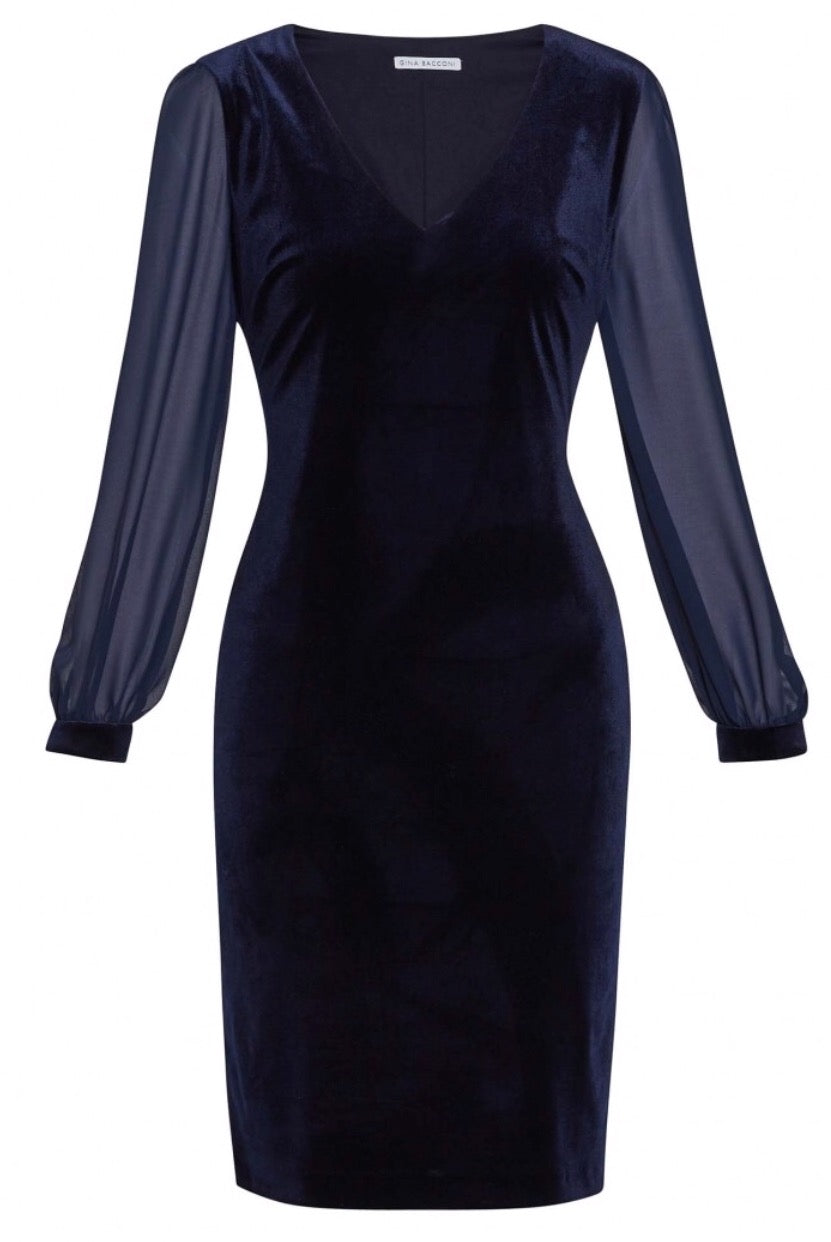 Drita Velvet Dress w/ Chiffon Sleeves - Navy 38
