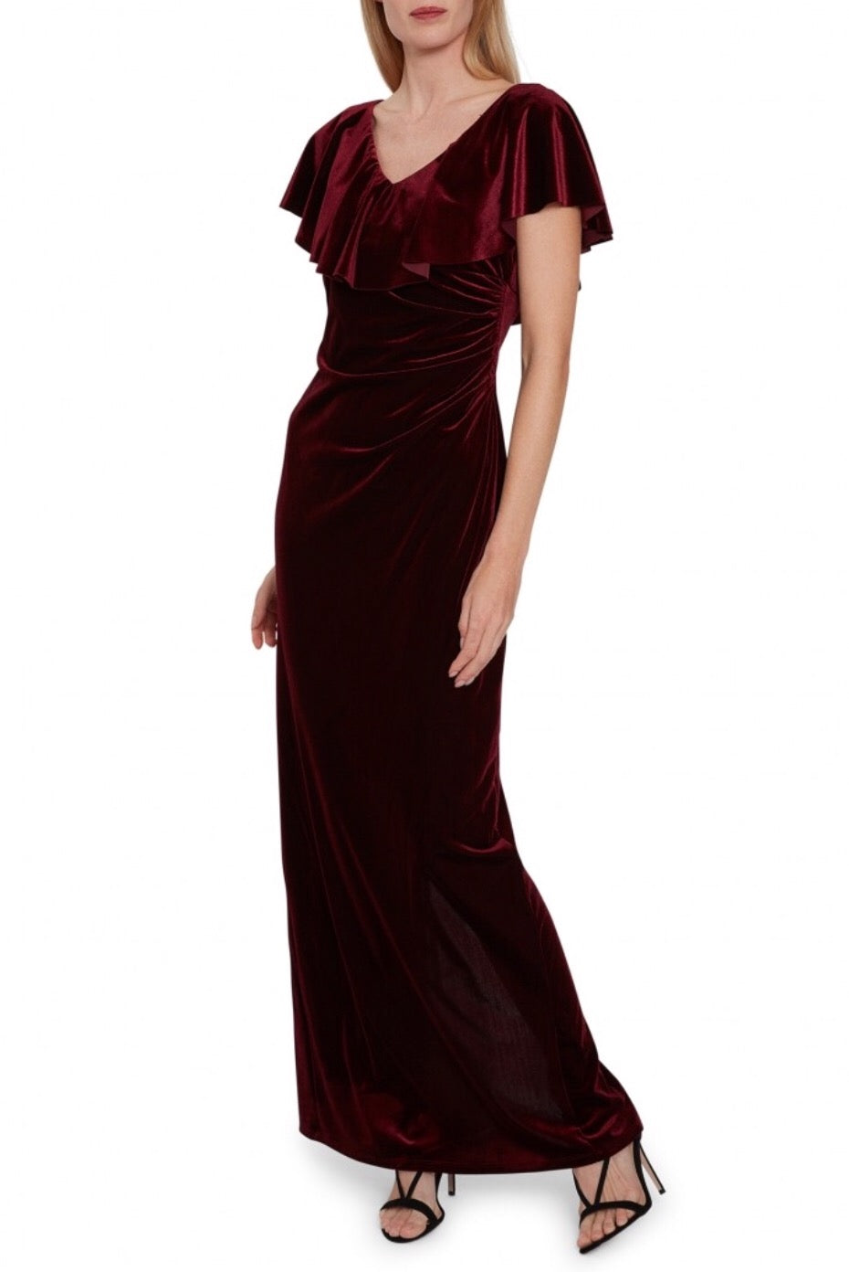 Elexina Velvet Maxi Dress w/ neck frill - Wine 42