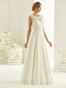 En klassisk og vakker brudekjole i chiffon med blondetopp av høy kvalitet. 