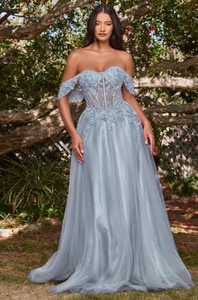 Ballkjole Off shoulder Sparkle - Dusty Blue XS