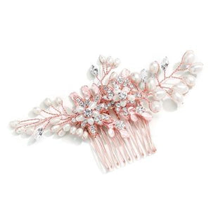 Freshwater Pearl Comb W. Crystal Leaves - Rosegold