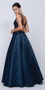 Glitter & Satin Gown V-Neck - Navy xs