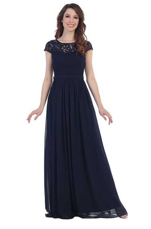 Illusion Lace Top Chiffon Skirt - Navy L