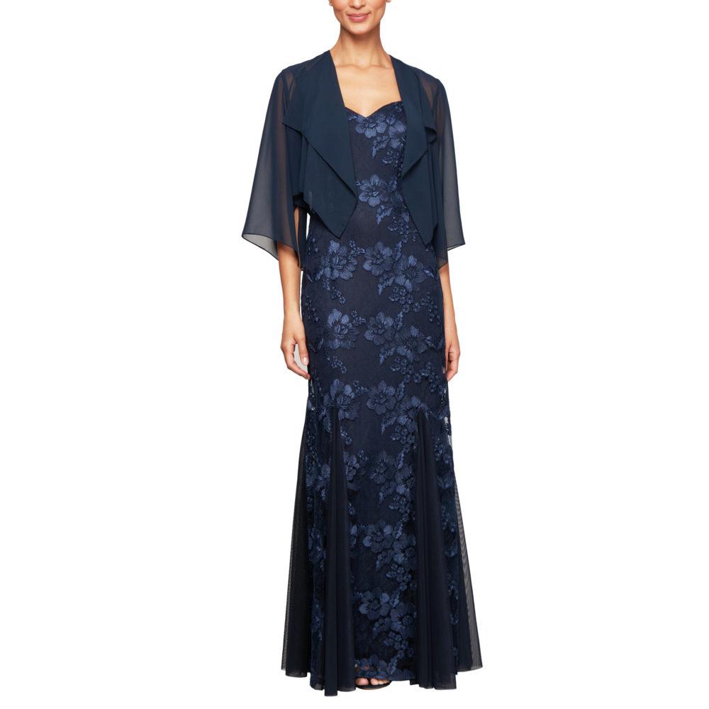Selskapskjole Navy m/ Chiffon bolero Blonder, Fit and Flare, Sweetheart top