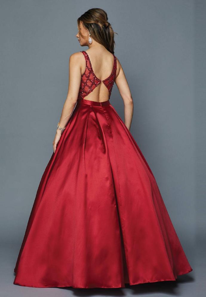 Glitter & Satin Gown V-Neck - Burgundy L